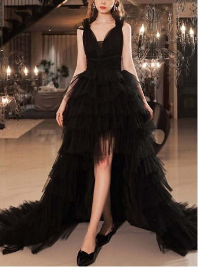 Vestido de fiesta de noche de tul de múltiples capas alto-bajo con espalda abierta